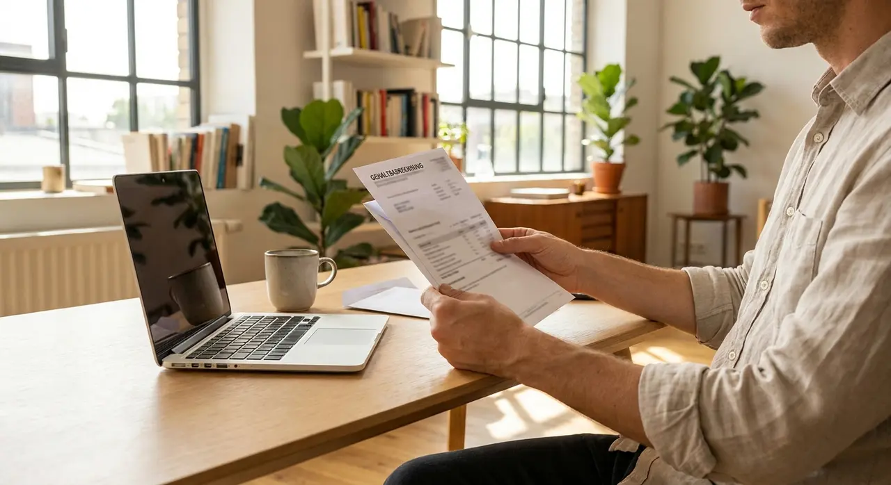 Photograph of a professional in Germany reviewing a payslip and an official letter at a desk