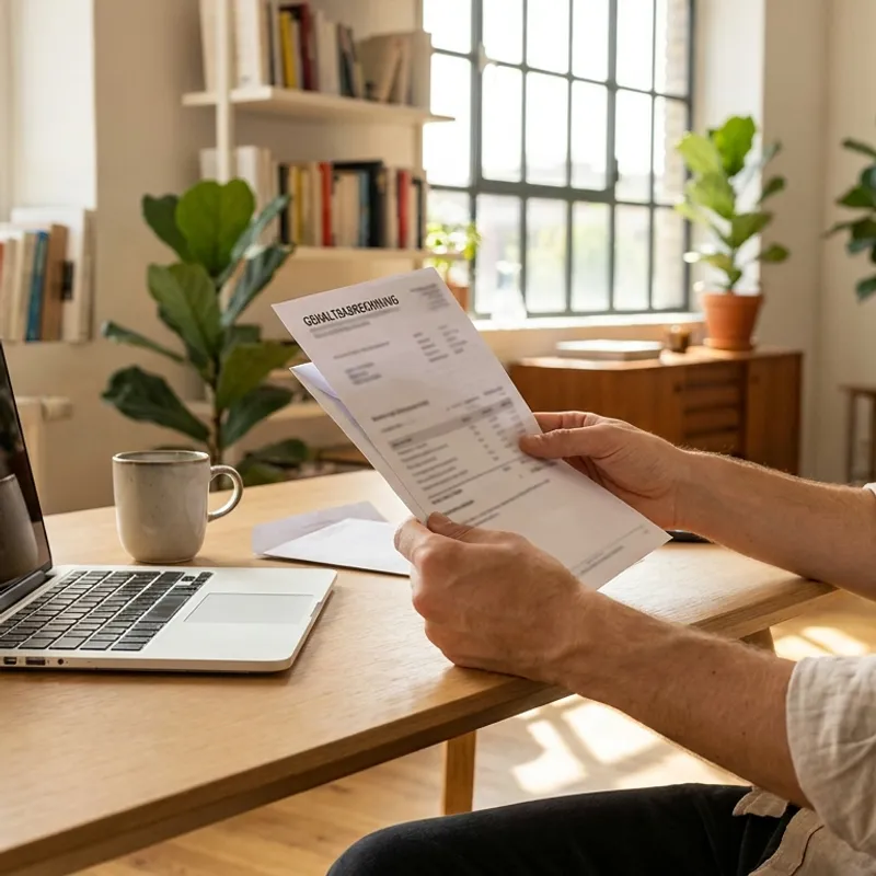 Photograph of a professional in Germany reviewing a payslip and an official letter at a desk