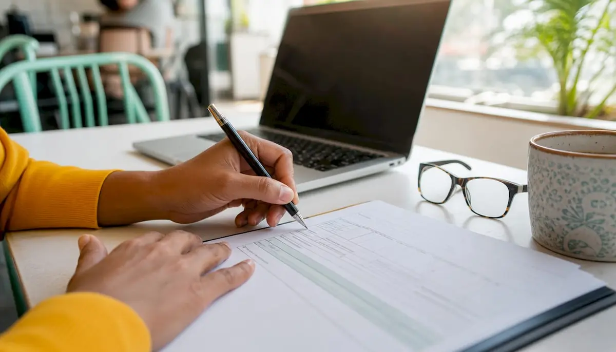 Hands filling fixed deductible insurance form
