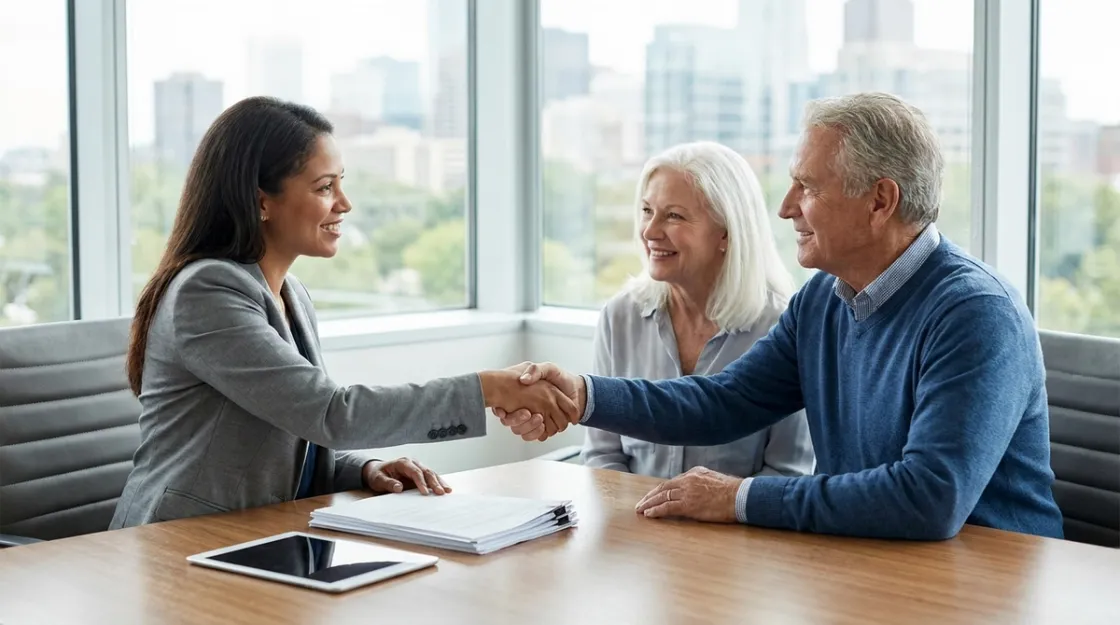 Advisor and older couple reviewing paperwork and shaking hands