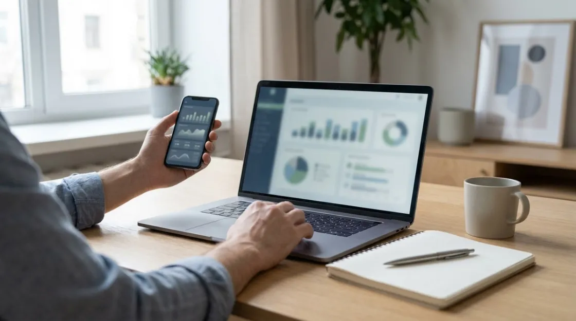 Person managing a monthly budget on a laptop and smartphone