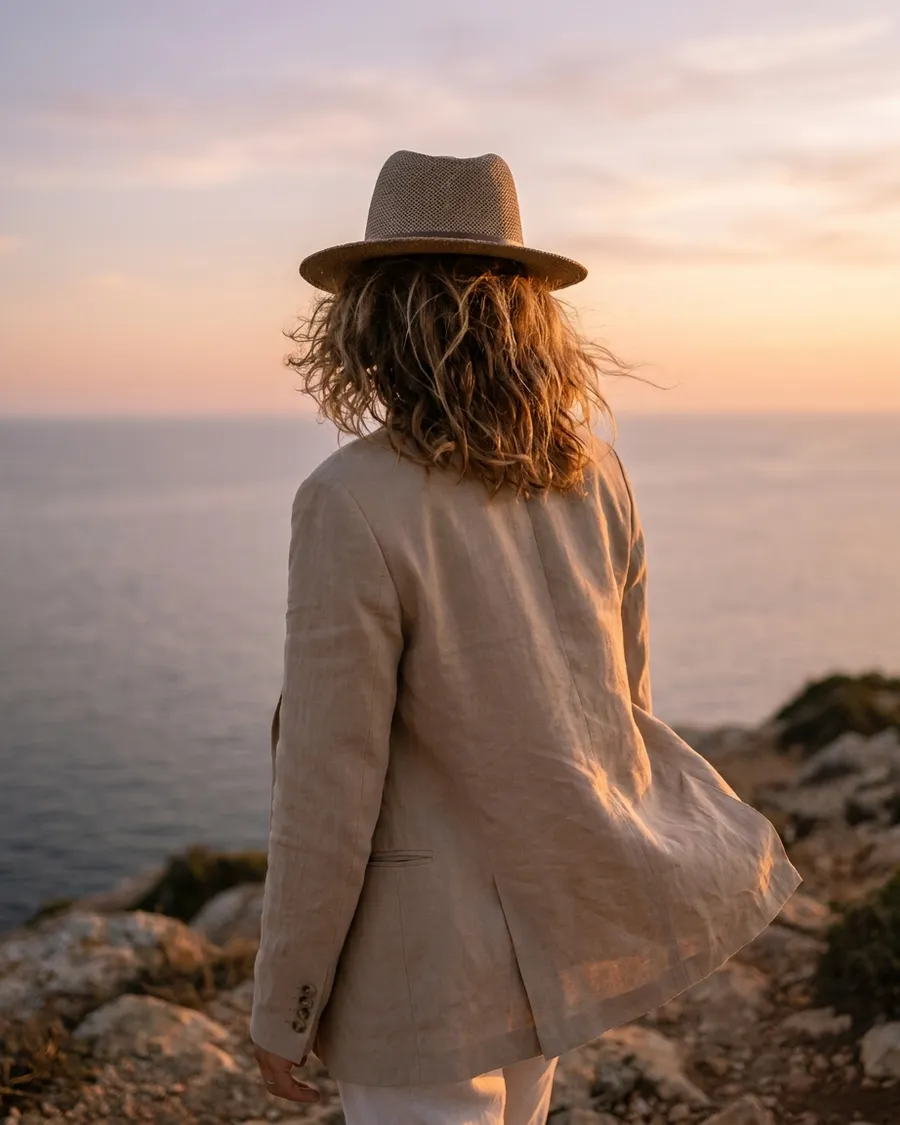 Serene traveller looking out over a calm coastal view