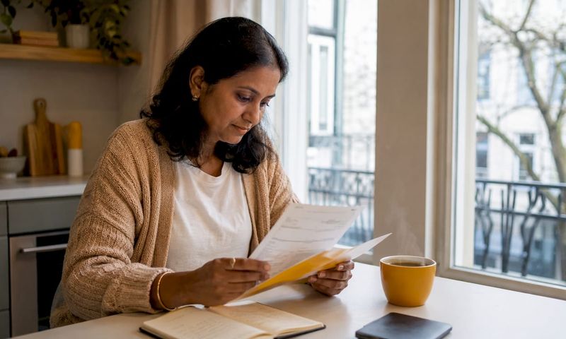 Expat woman reviewing prescription documents at kitchen table