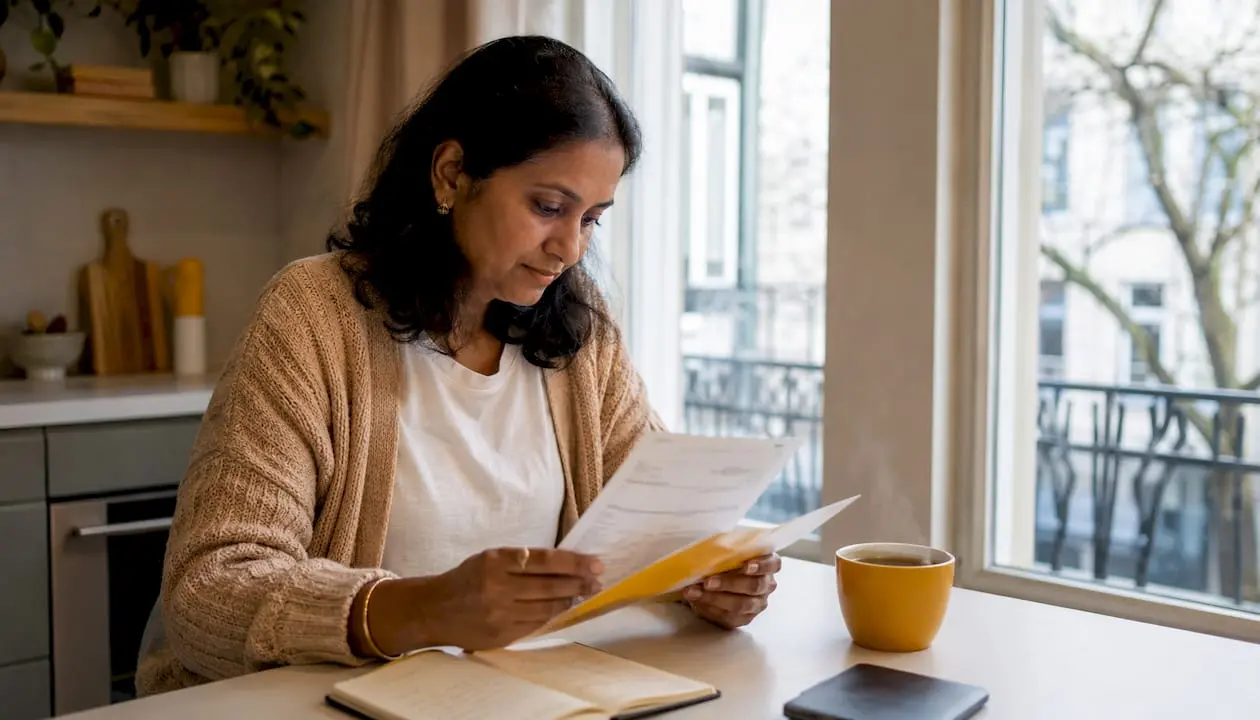 Expat woman reviewing prescription documents at kitchen table