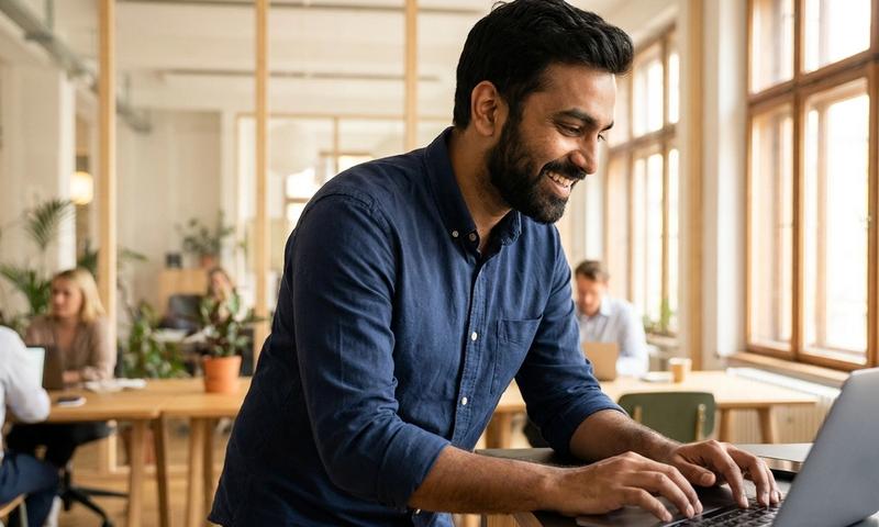 Ingeniero de software indio de poco más de treinta años trabajando en un portátil en una oficina moderna y luminosa