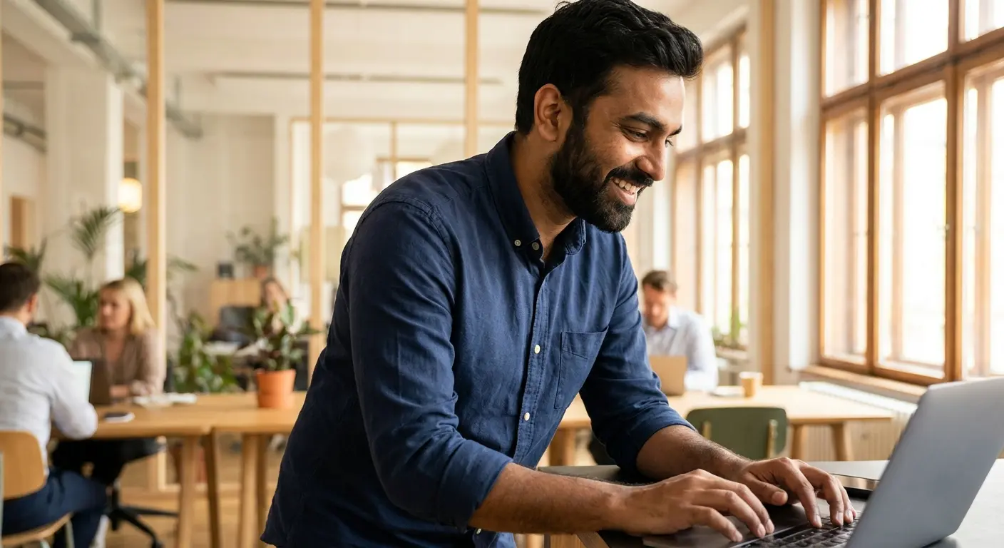 Indian software engineer in his early thirties working on a laptop in a bright modern office
