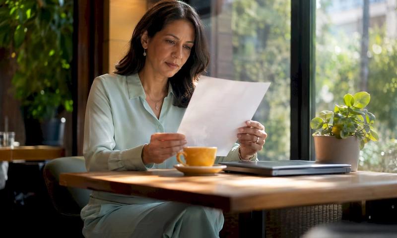Patient reviewing open referral letter at clinic desk