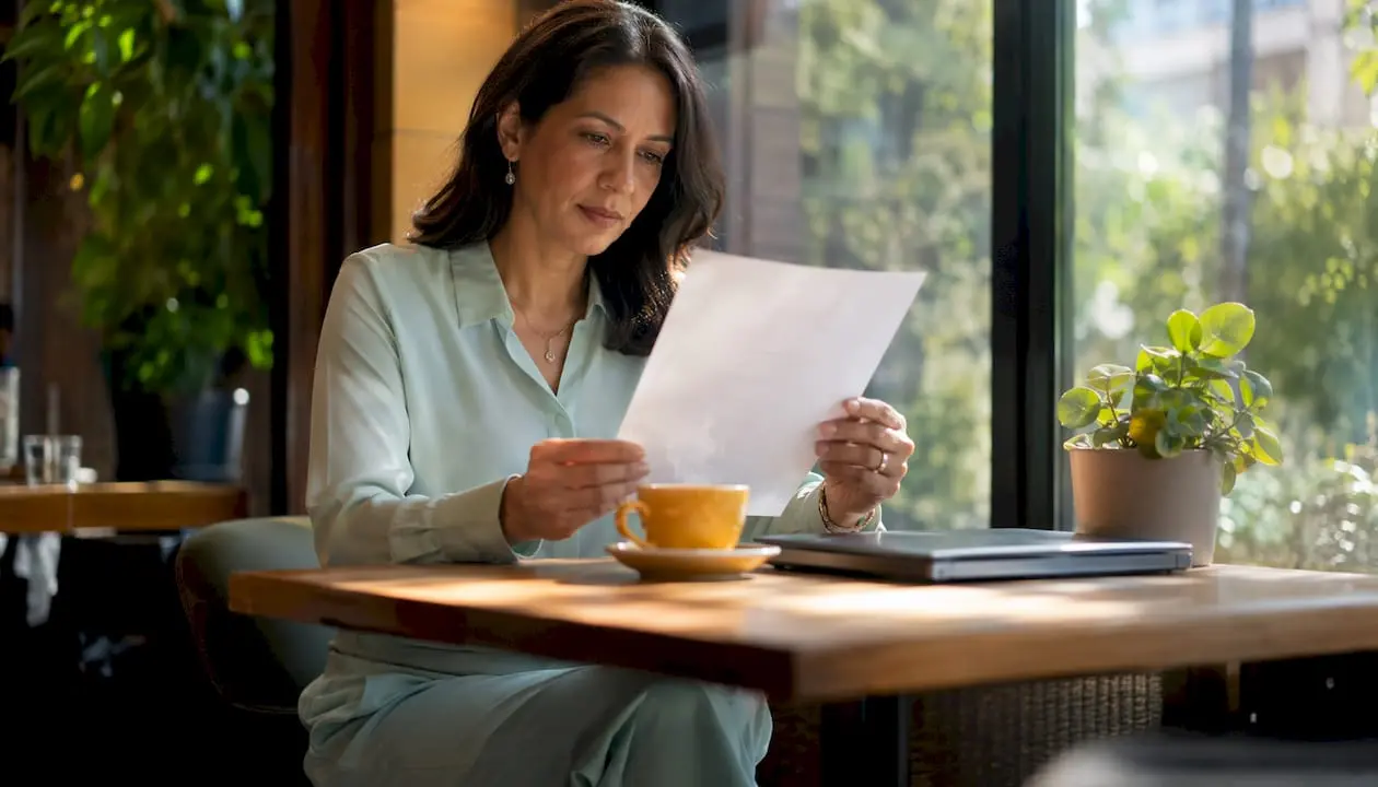 Patient reviewing open referral letter at clinic desk