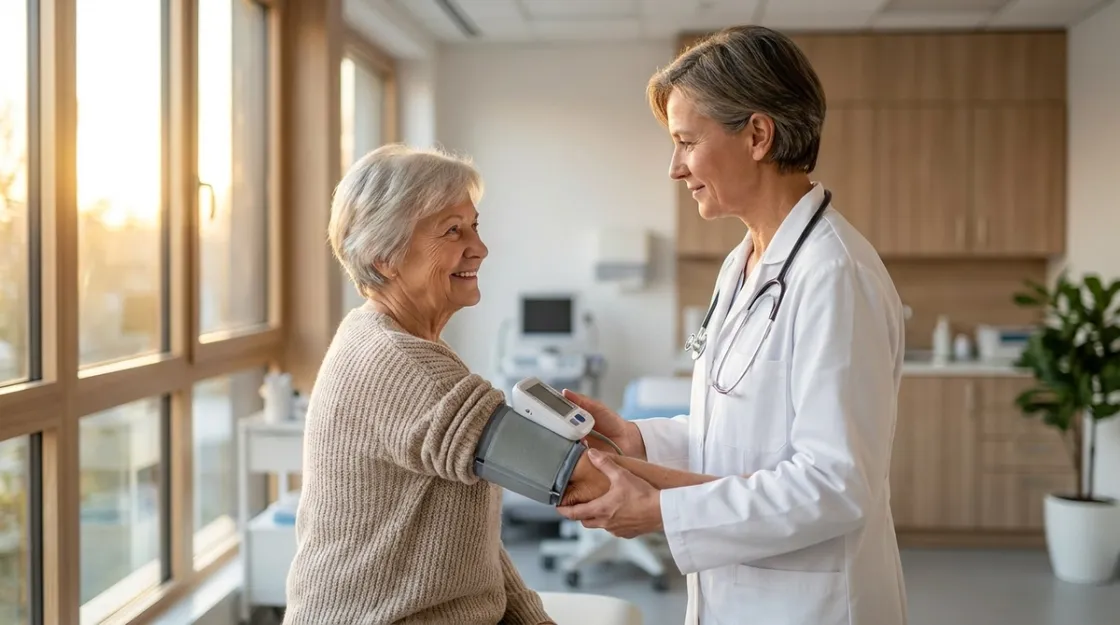 Doctor taking the blood pressure of a smiling older patient