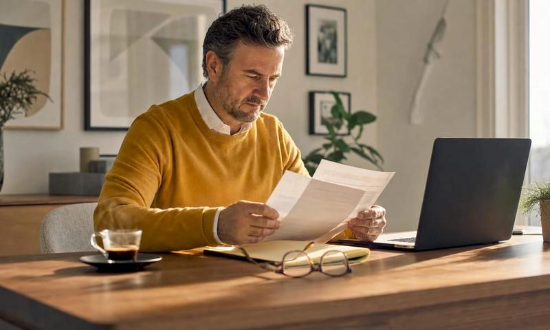 Man reviewing insurance documents at home desk
