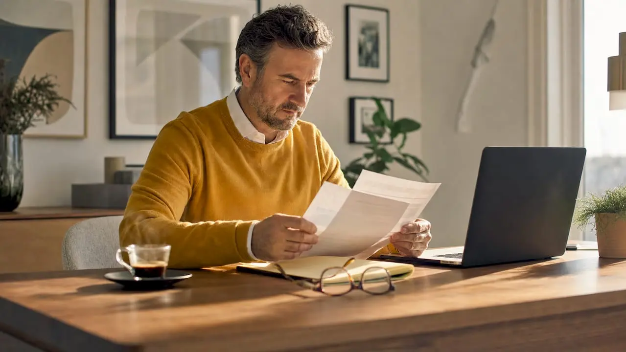 Man reviewing insurance documents at home desk