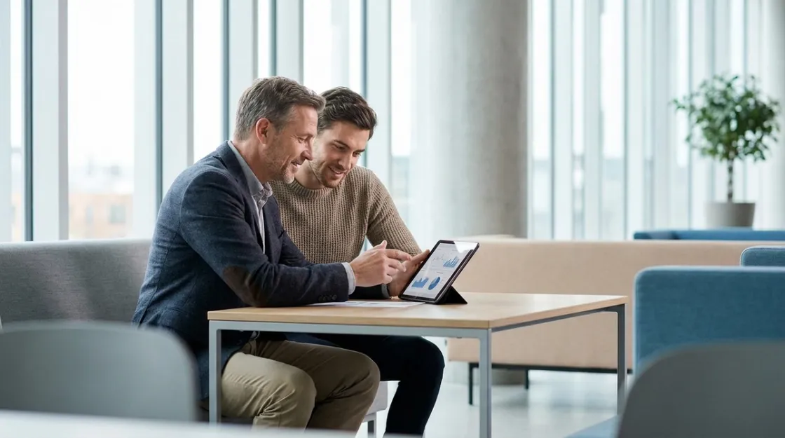 Advisor and young client reviewing options on a tablet