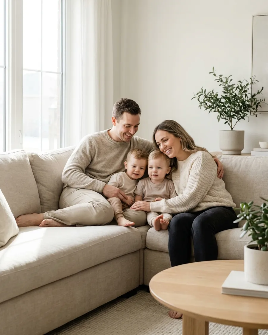 Young family with two children relaxing together on a sofa at home