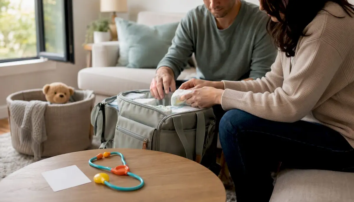 Parents preparing children's healthcare items at home