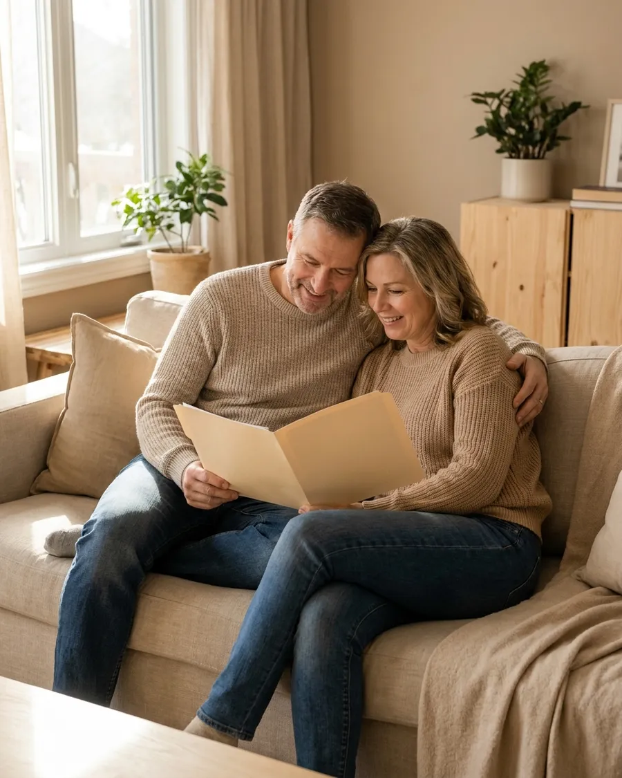 Friendly couple reviewing a folder together at home