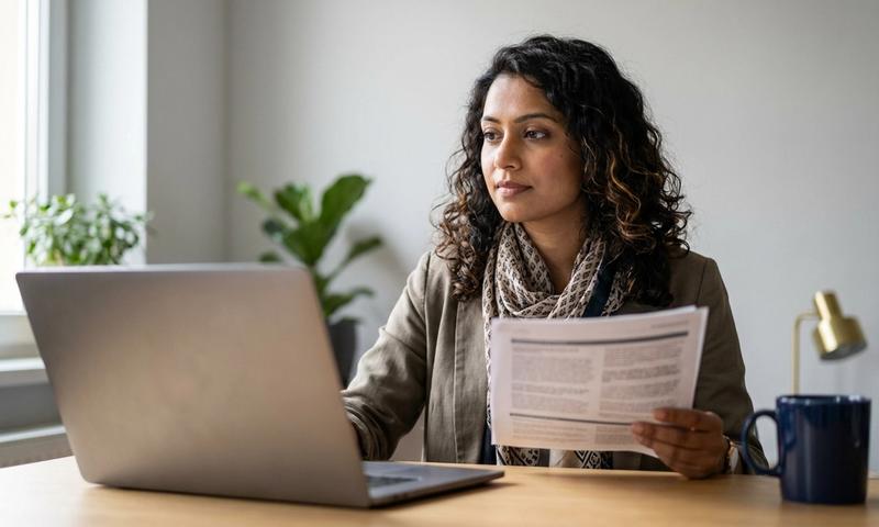 Una profesional internacional revisa su contrato de trabajo y sus finanzas con el portátil en casa, en Alemania