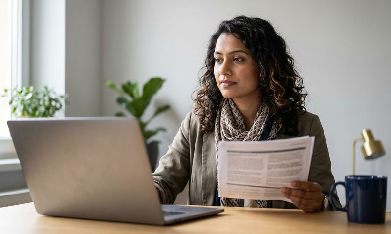 Una profesional internacional revisa su contrato de trabajo y sus finanzas con el portátil en casa, en Alemania