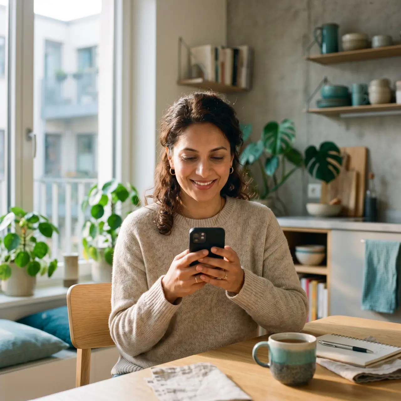 Woman signing up for public health insurance in Germany on her phone