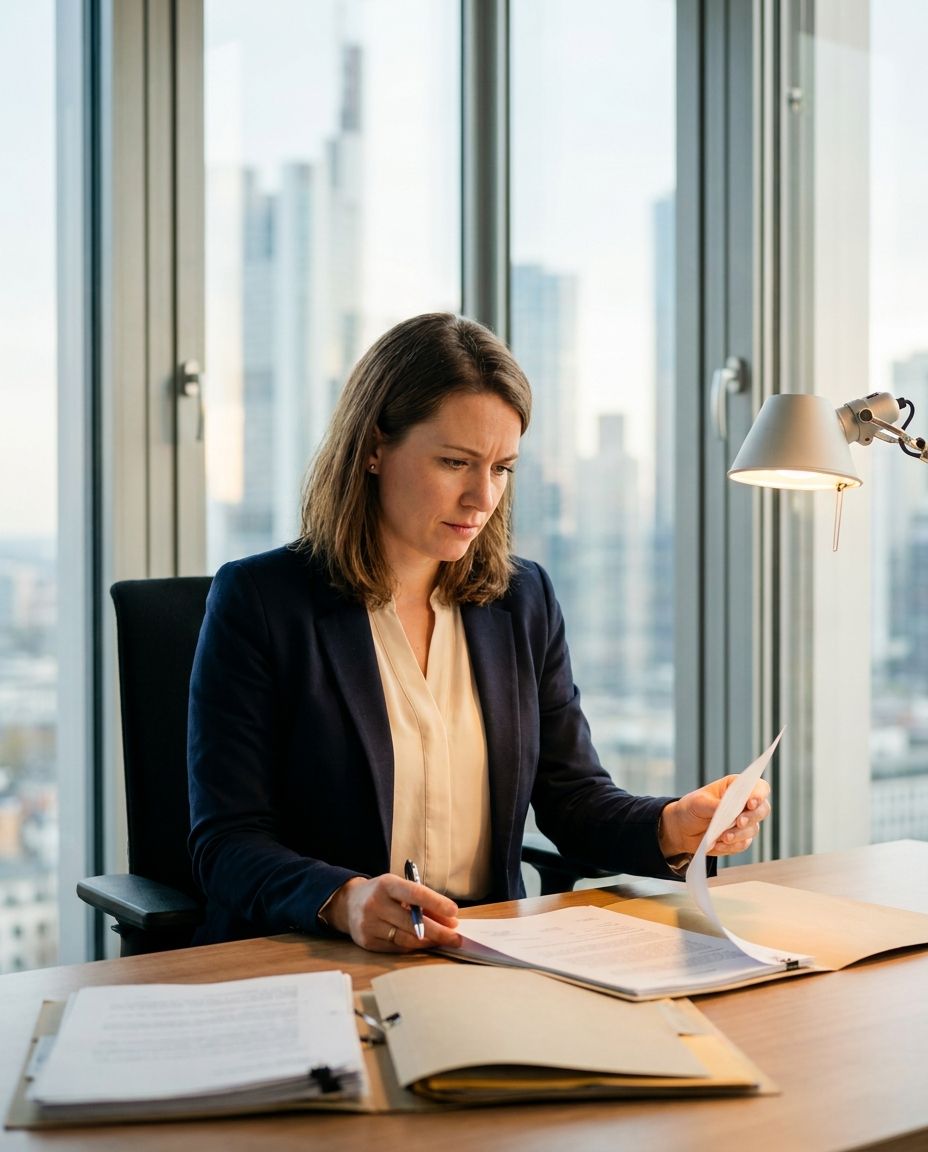 Professional reviewing health insurance contract details before signing, urban Frankfurt backdrop