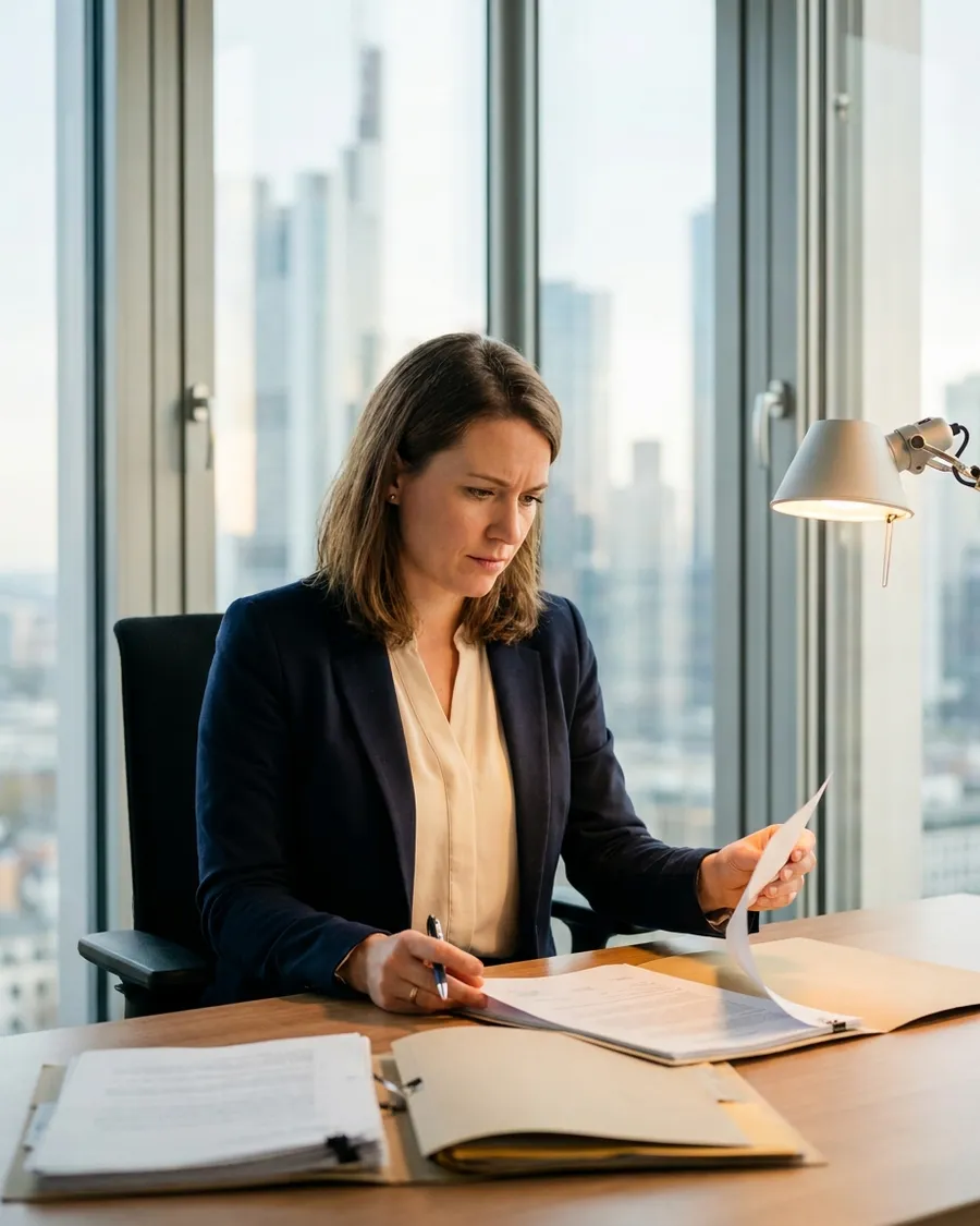 Professional reviewing health insurance contract details before signing, urban Frankfurt backdrop