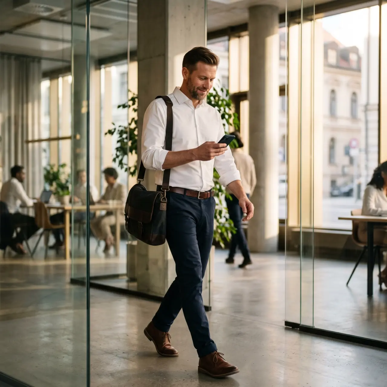 Professional walking through a bright modern coworking lobby, glancing at his phone