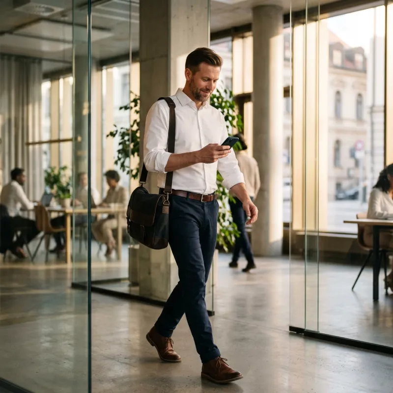 Professional walking through a bright modern coworking lobby, glancing at his phone