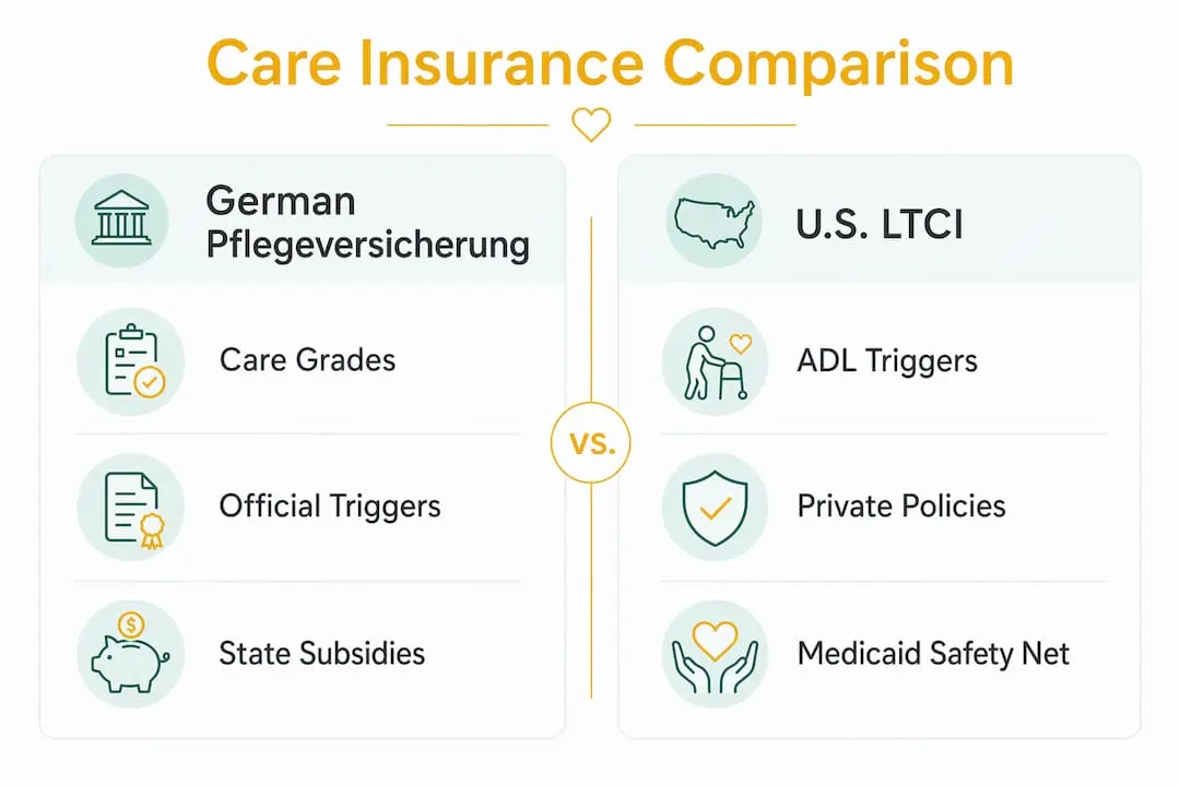 Infographic comparing German and U.S. care insurance