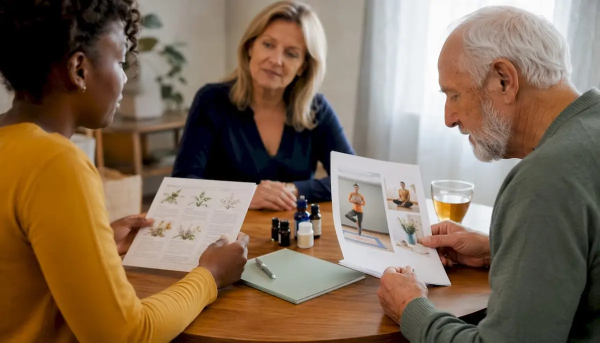 Hands exchanging alternative therapy brochures