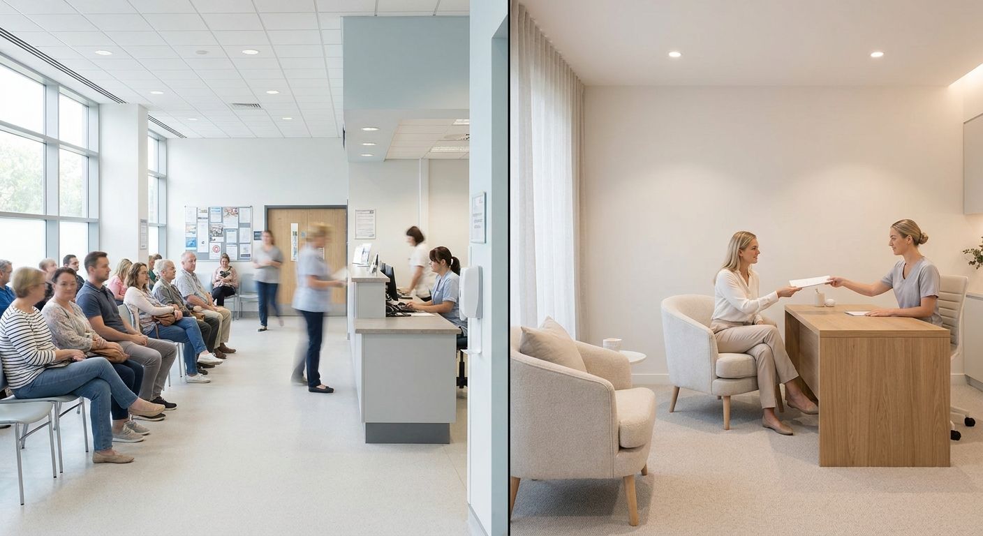 Balanced split image comparing public and private healthcare in Germany
