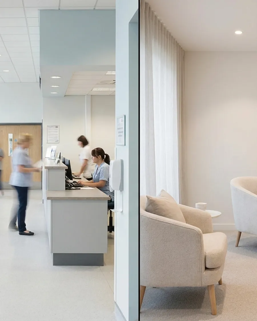 Balanced split image comparing public and private healthcare in Germany