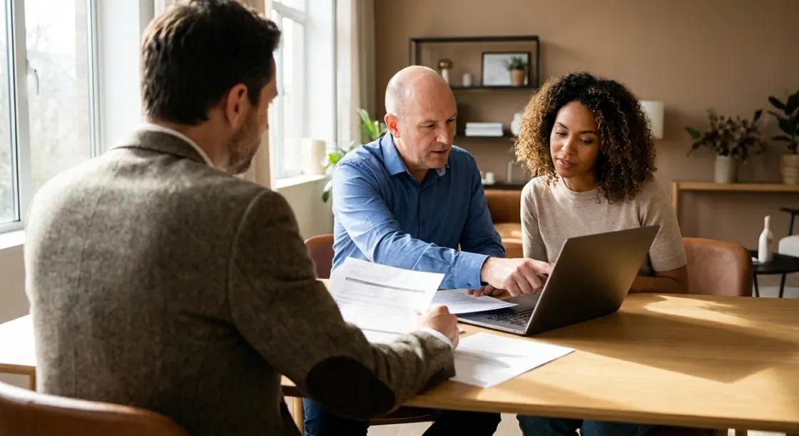Advisor showing an insurer comparison on a laptop to two clients