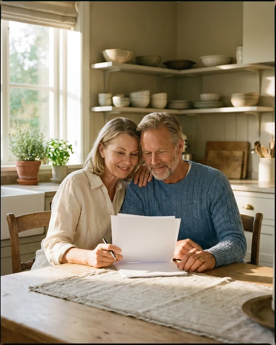 Mature couple reviewing paperwork together at a kitchen table