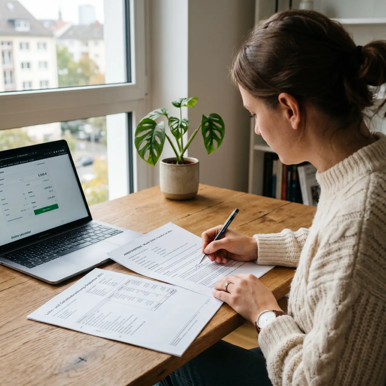 Woman in a cream sweater reviewing a salary slip and quote calculator at a sunny desk