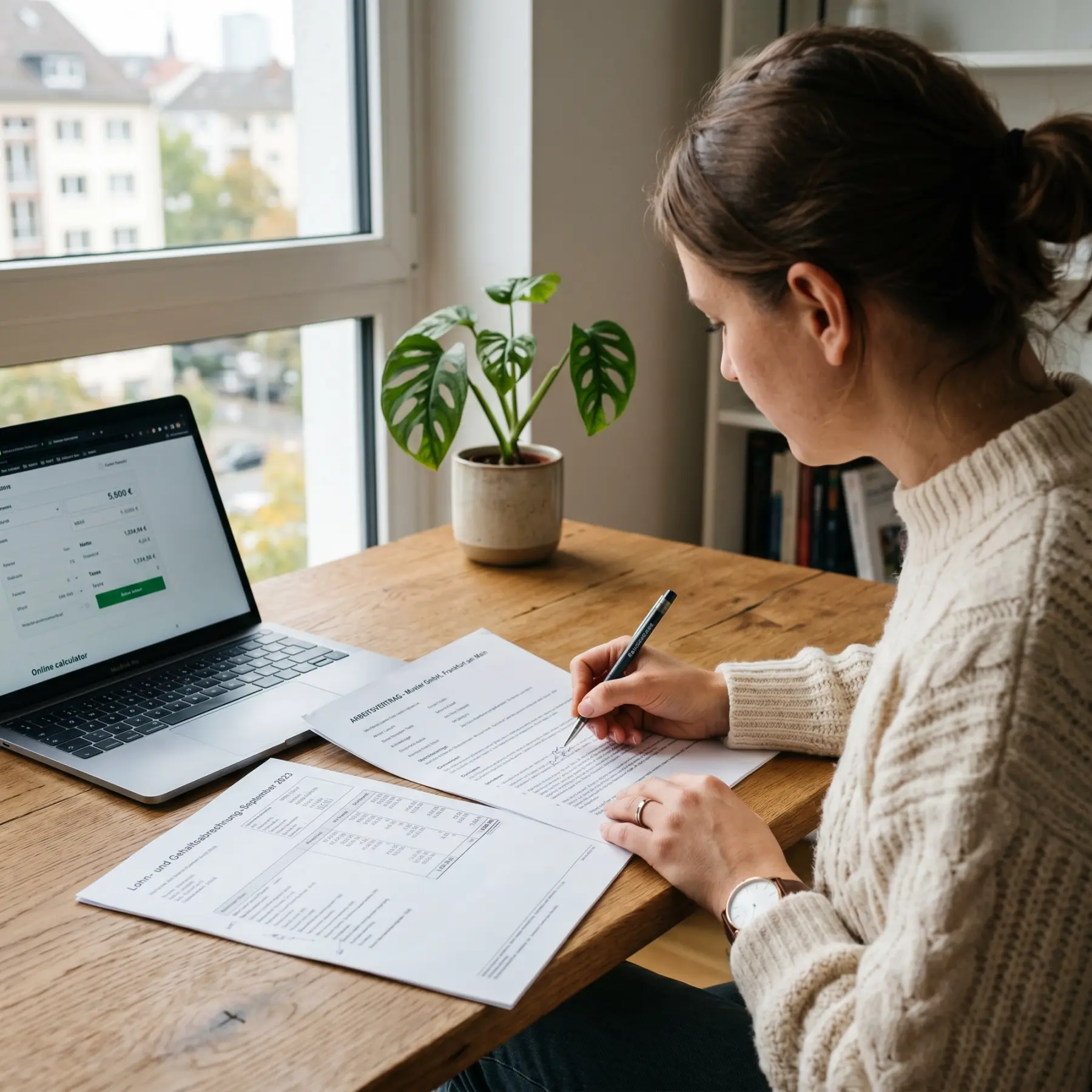 Woman in a cream sweater reviewing a salary slip and quote calculator at a sunny desk