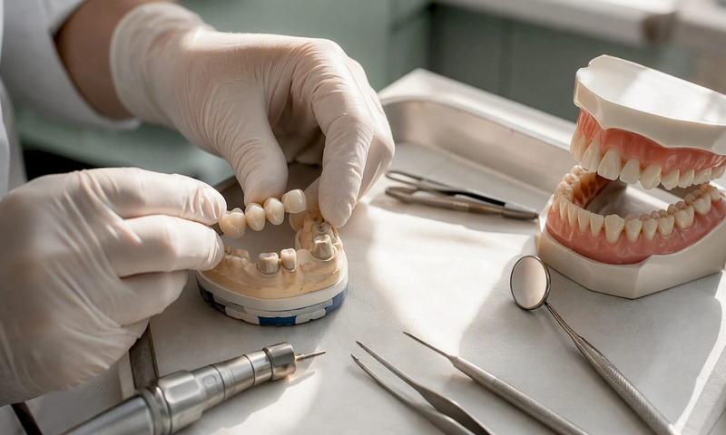 Dentist hands arranging dental prosthetics tools