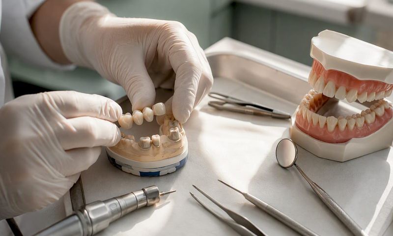 Dentist hands arranging dental prosthetics tools
