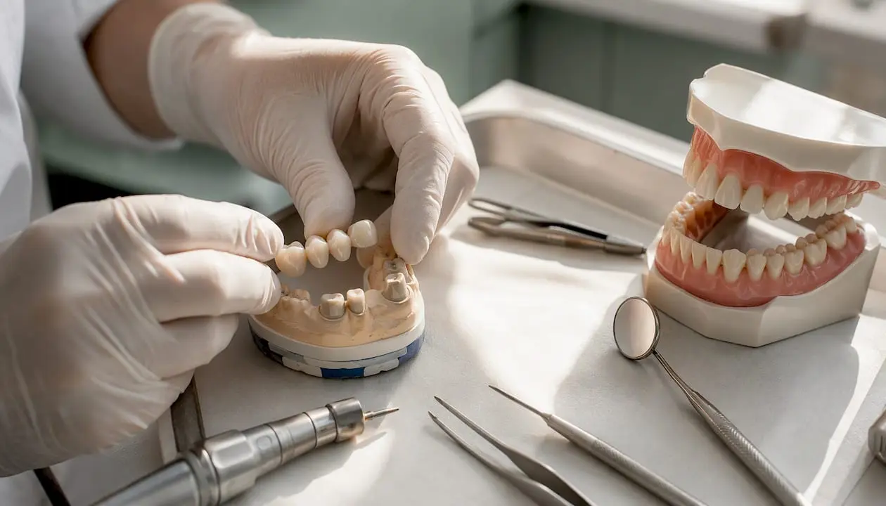 Dentist hands arranging dental prosthetics tools