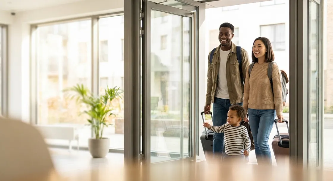 Familia joven con un niño y maletas llegando a su nuevo hogar en Alemania