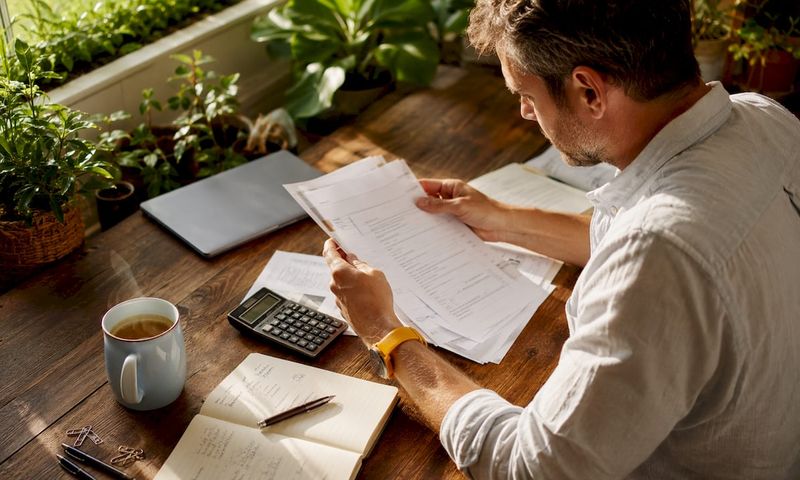Self-employed man reviewing insurance papers at home office