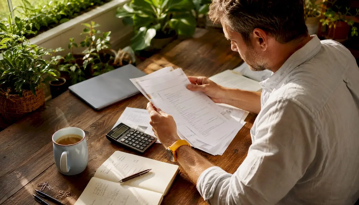 Self-employed man reviewing insurance papers at home office