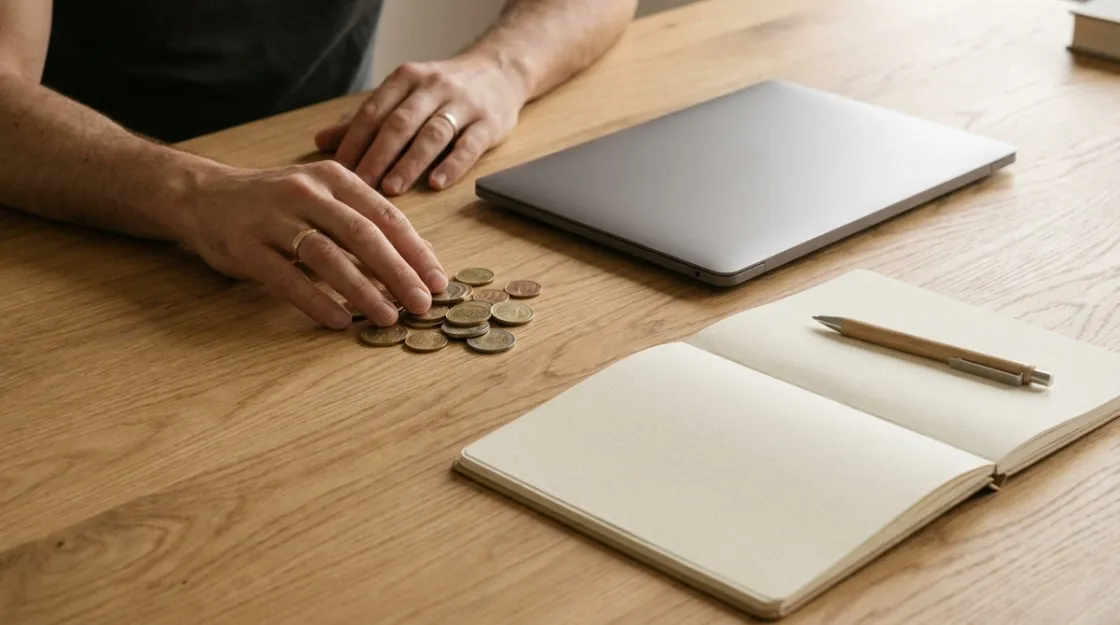 Laptop, notebook, pen and euro coins on a desk, long-term planning