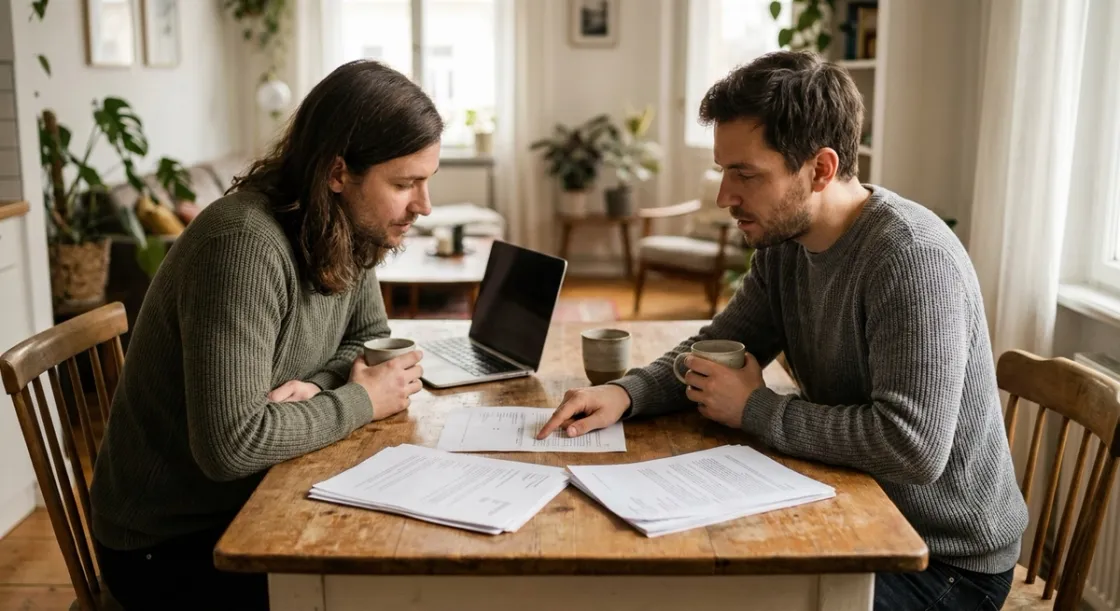 Couple comparing two sets of insurance documents at their kitchen table