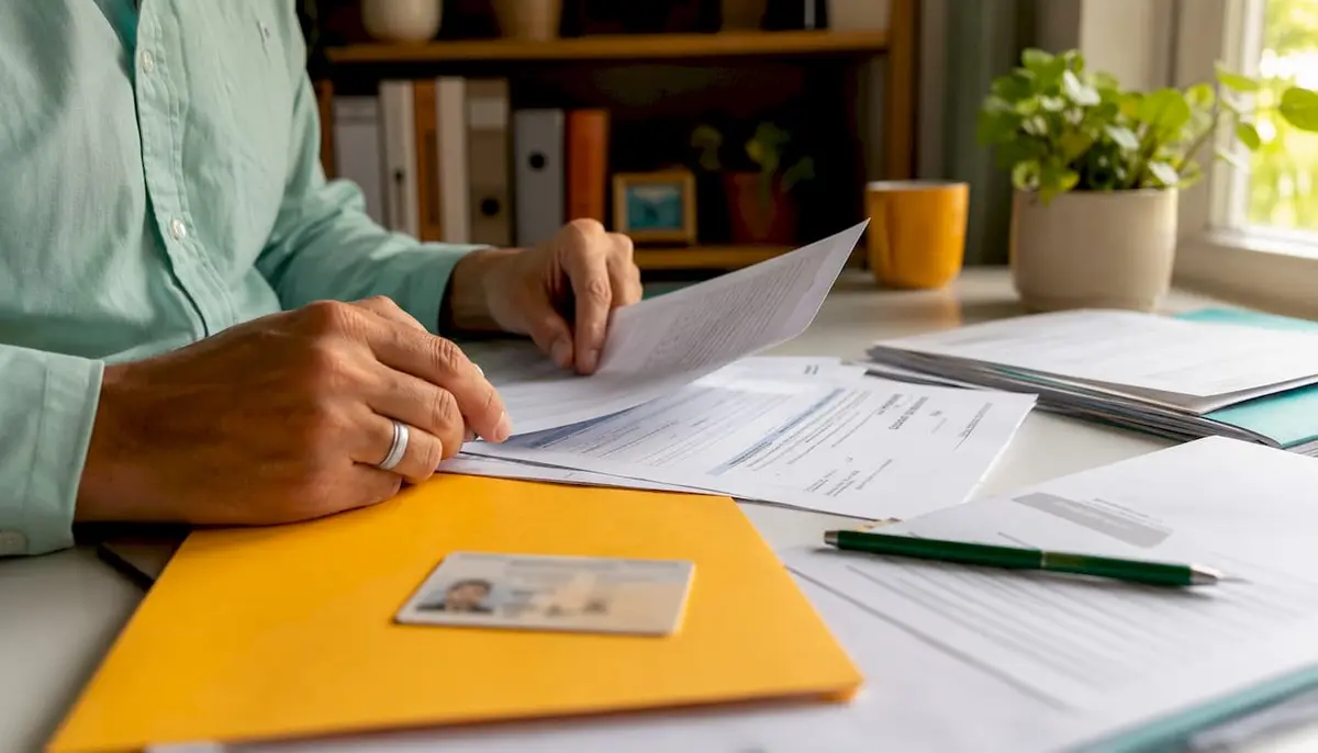 Hands sorting German insurance documents on desk