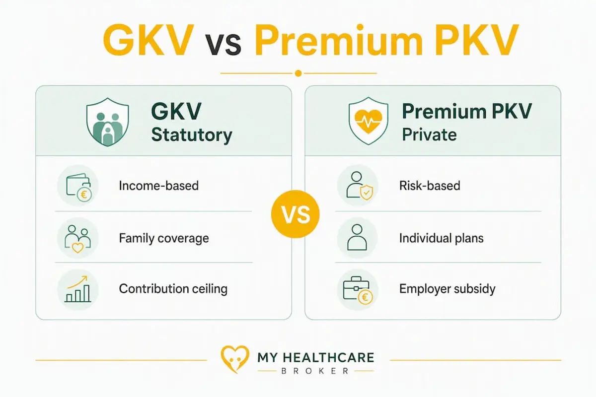 Infographic comparing statutory public health insurance and private private health insurance health insurance