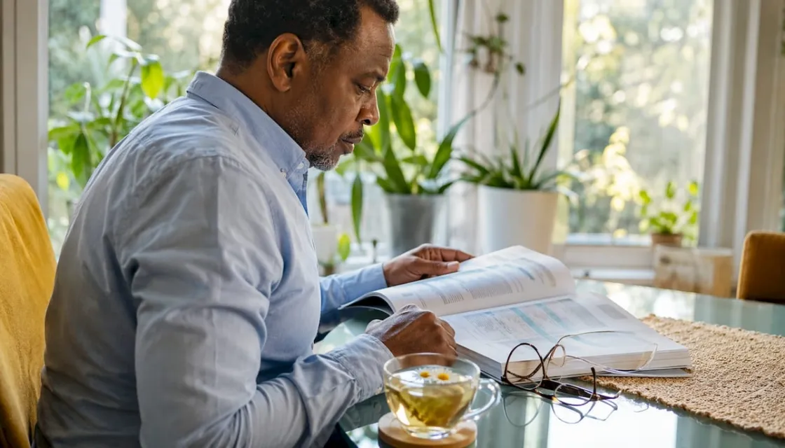Man reviewing German long-term care insurance paperwork at home