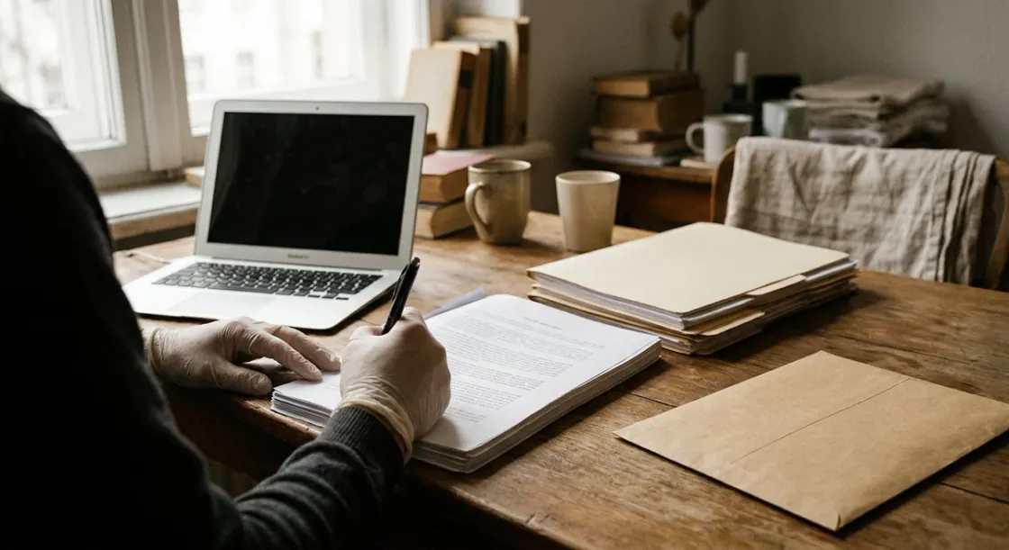 Hands signing insurance paperwork at a desk with a laptop