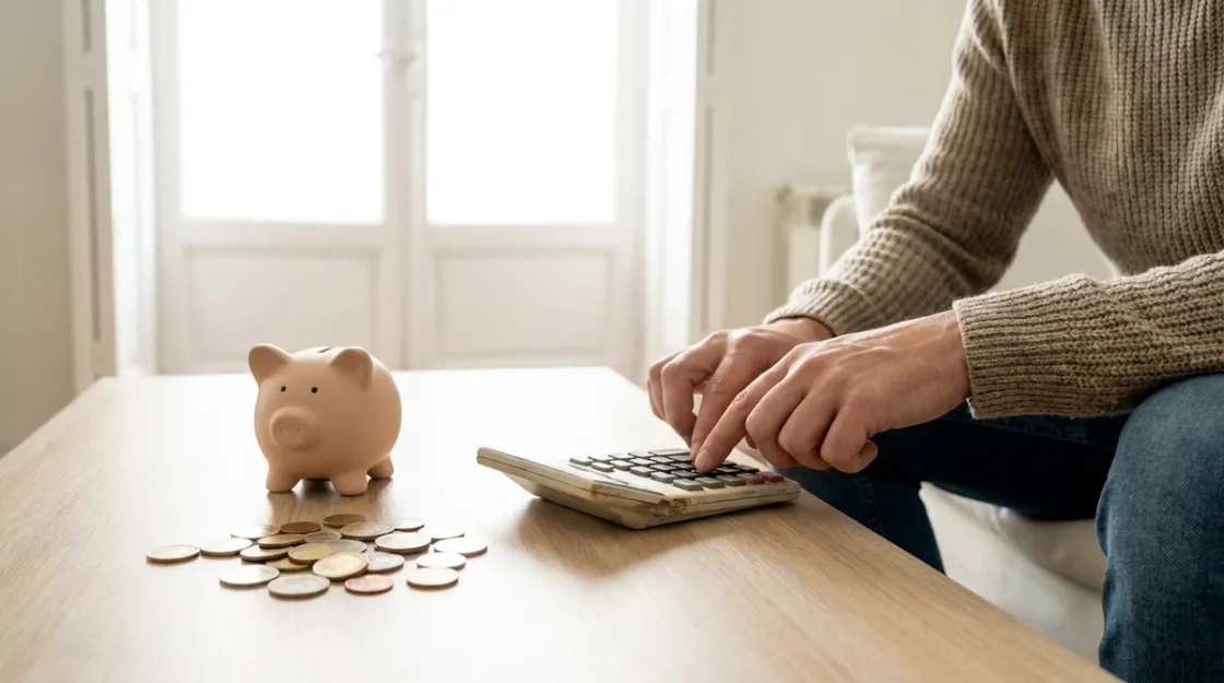 Person budgeting at home with a calculator, piggy bank and euro coins