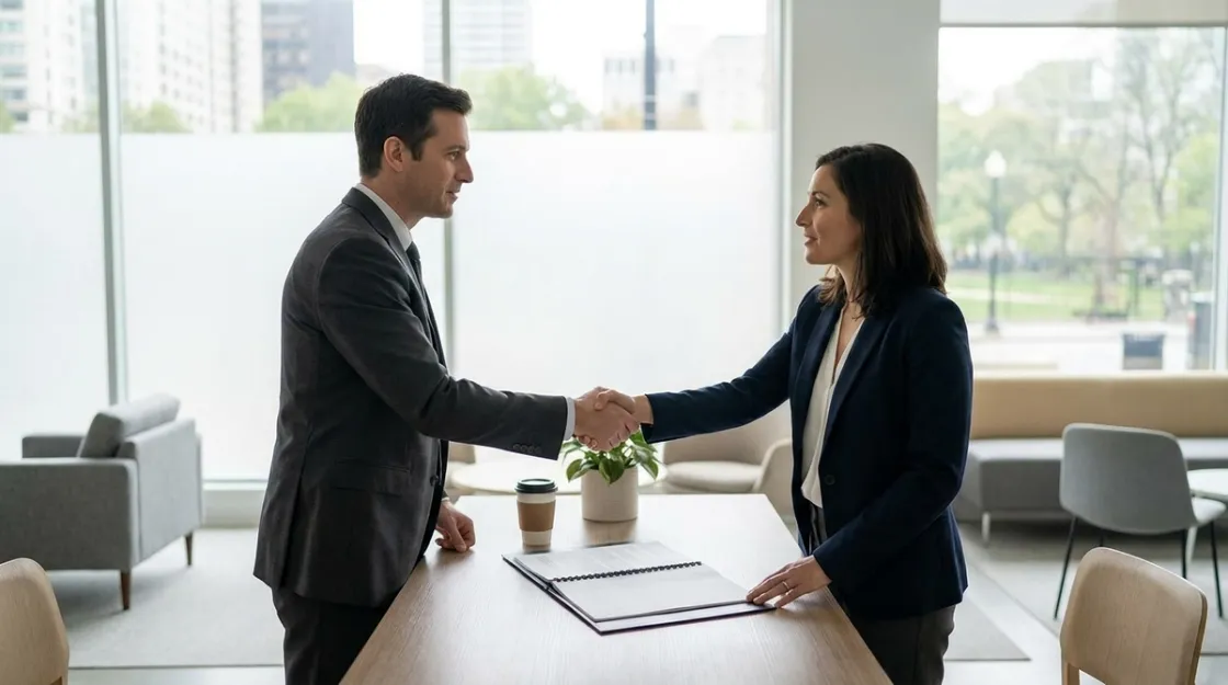 Advisor and client shaking hands over a document in a bright office