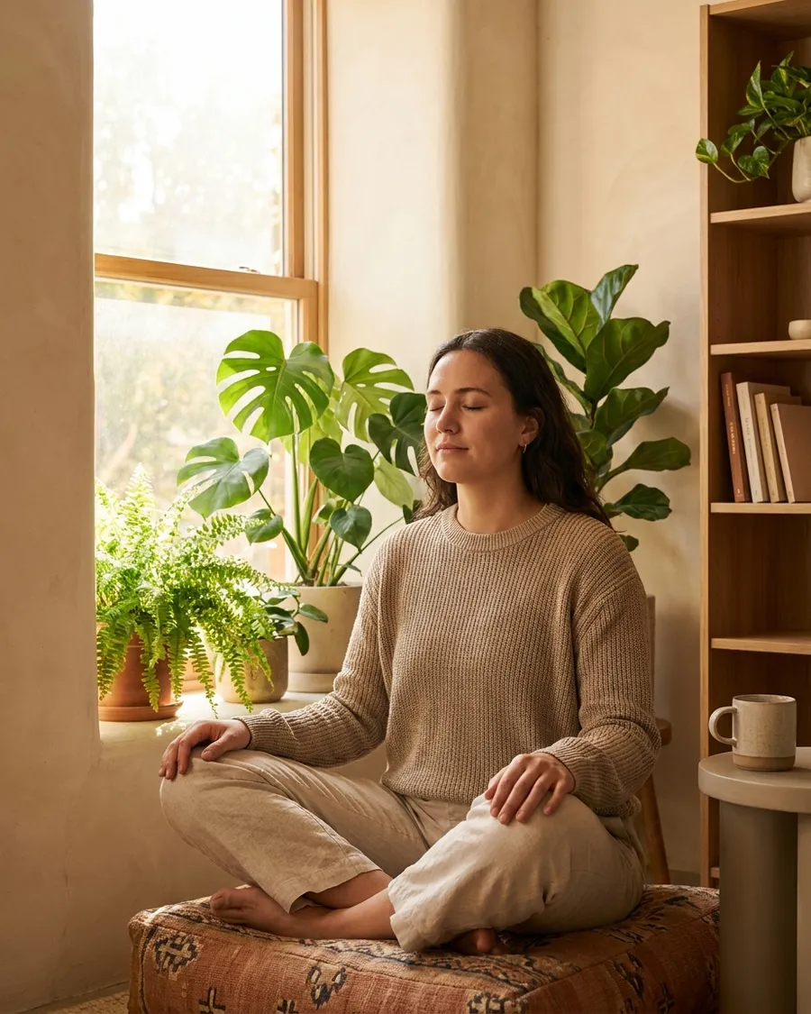 Person practicing mindfulness by a sunlit window with plants