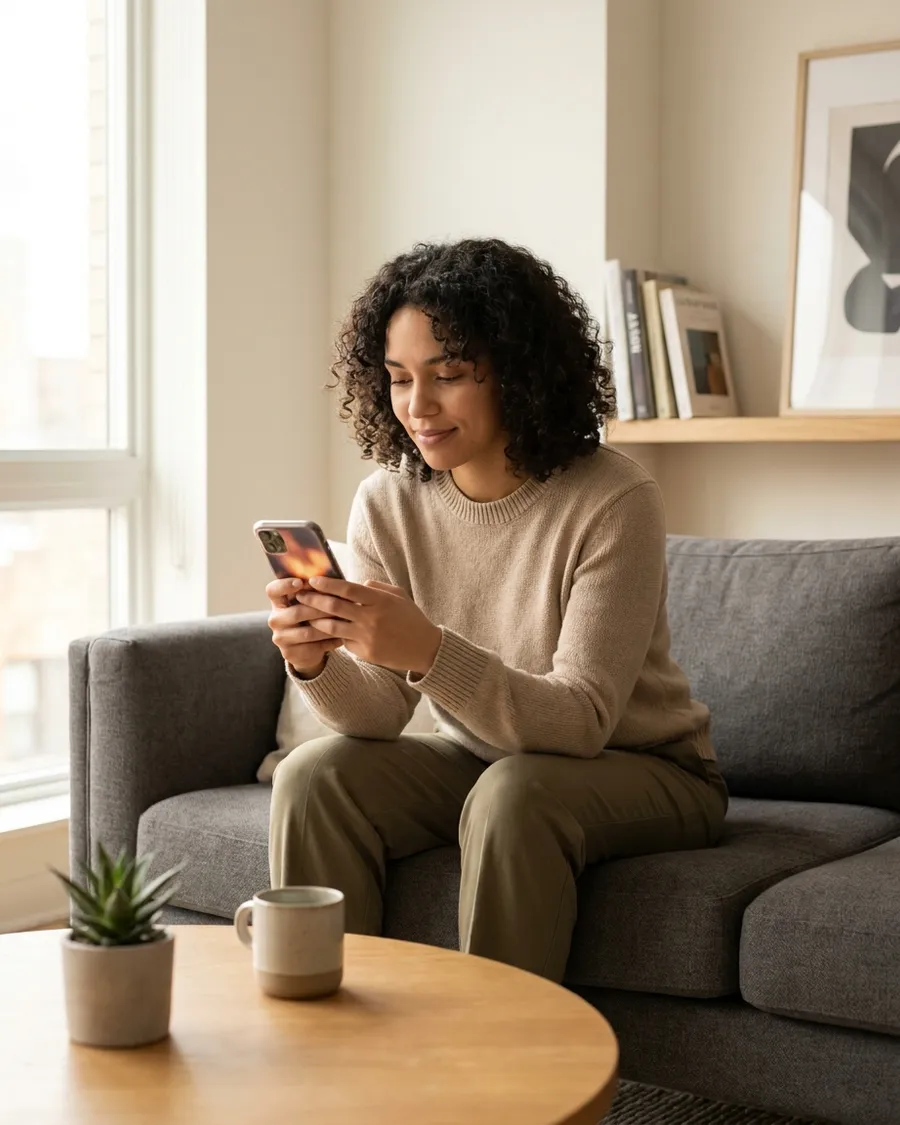 Young person using a health app on a smartphone in a bright apartment